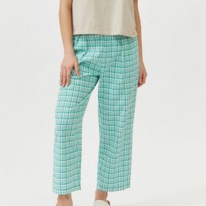 Urban Outfitters Paige Linen Blend Pleated Pant Bright Green Plaid Size Large
